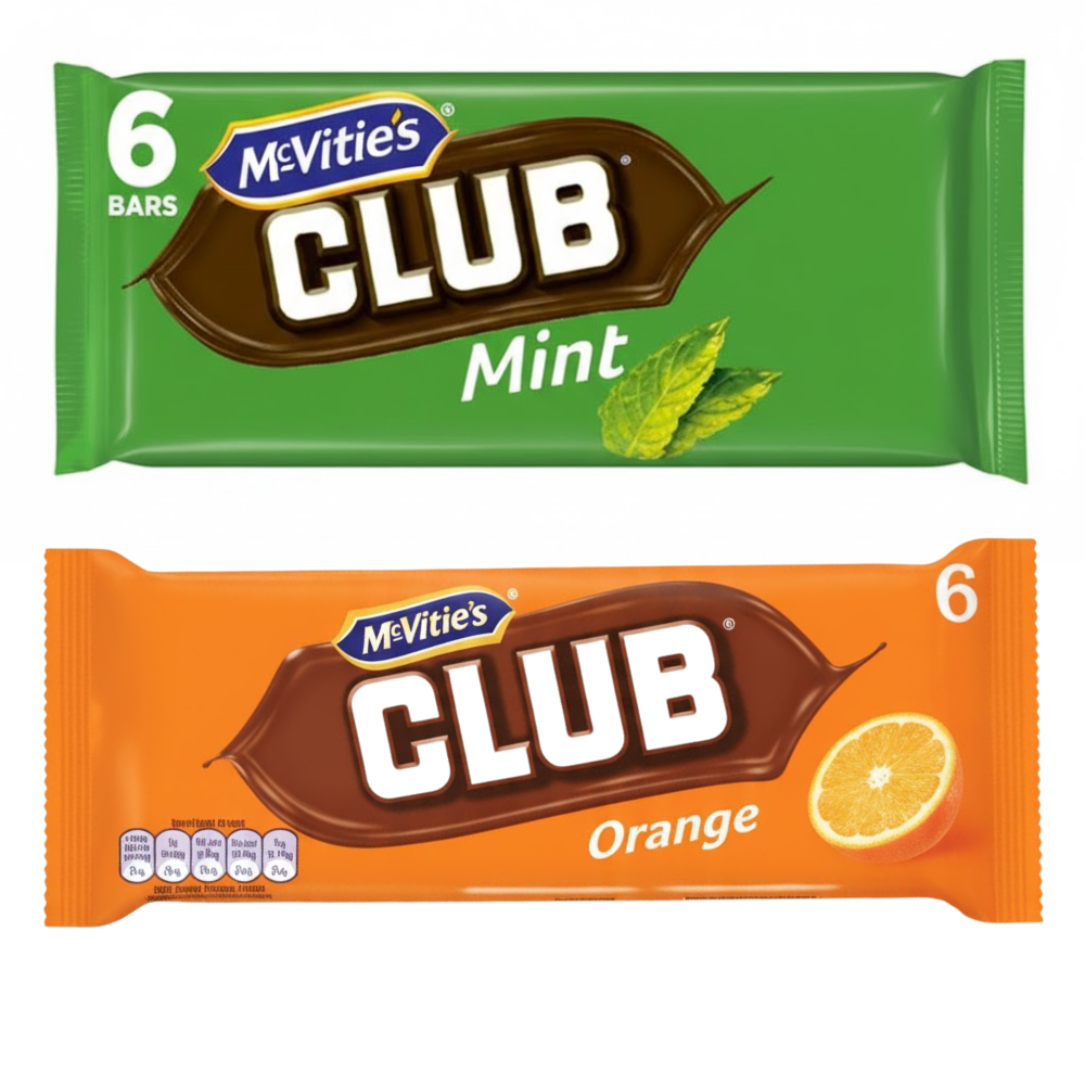 McVitie's Club Biscuits, 2x Mint 136g (6 Pack), 2x Orange 136g (6 Pack) - 24 Chocolate Biscuits