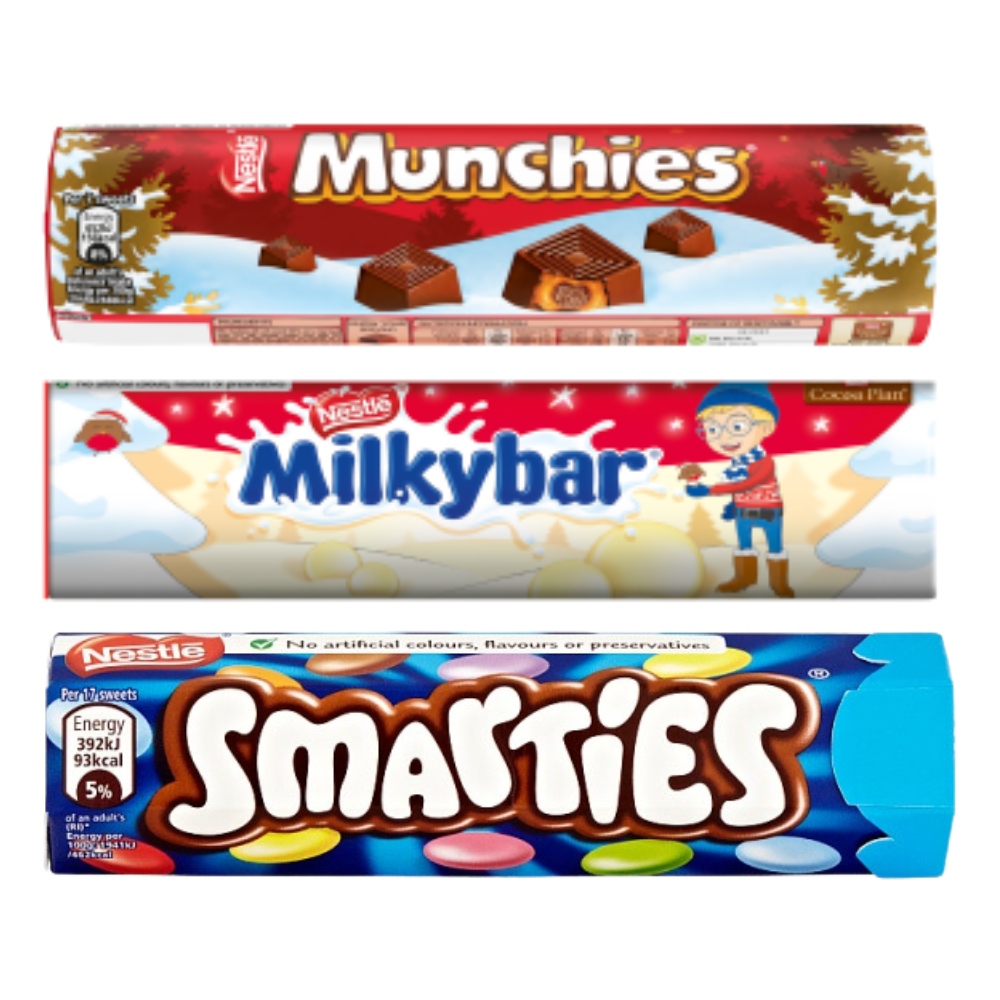 Nestle Giant Tube Selection Bundle – Smarties Milk Chocolate 120g | Milkybar White Chocolate Buttons 90g | Munchies Milk Chocolate & Caramel 110g (Pack of 3)