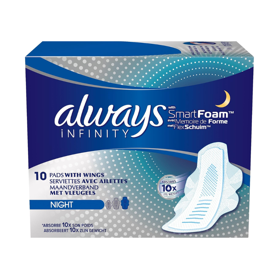 Always Infinity Night (Size 3) Sanitary Pads with Wings, 10 per Pack (Pack of 2)