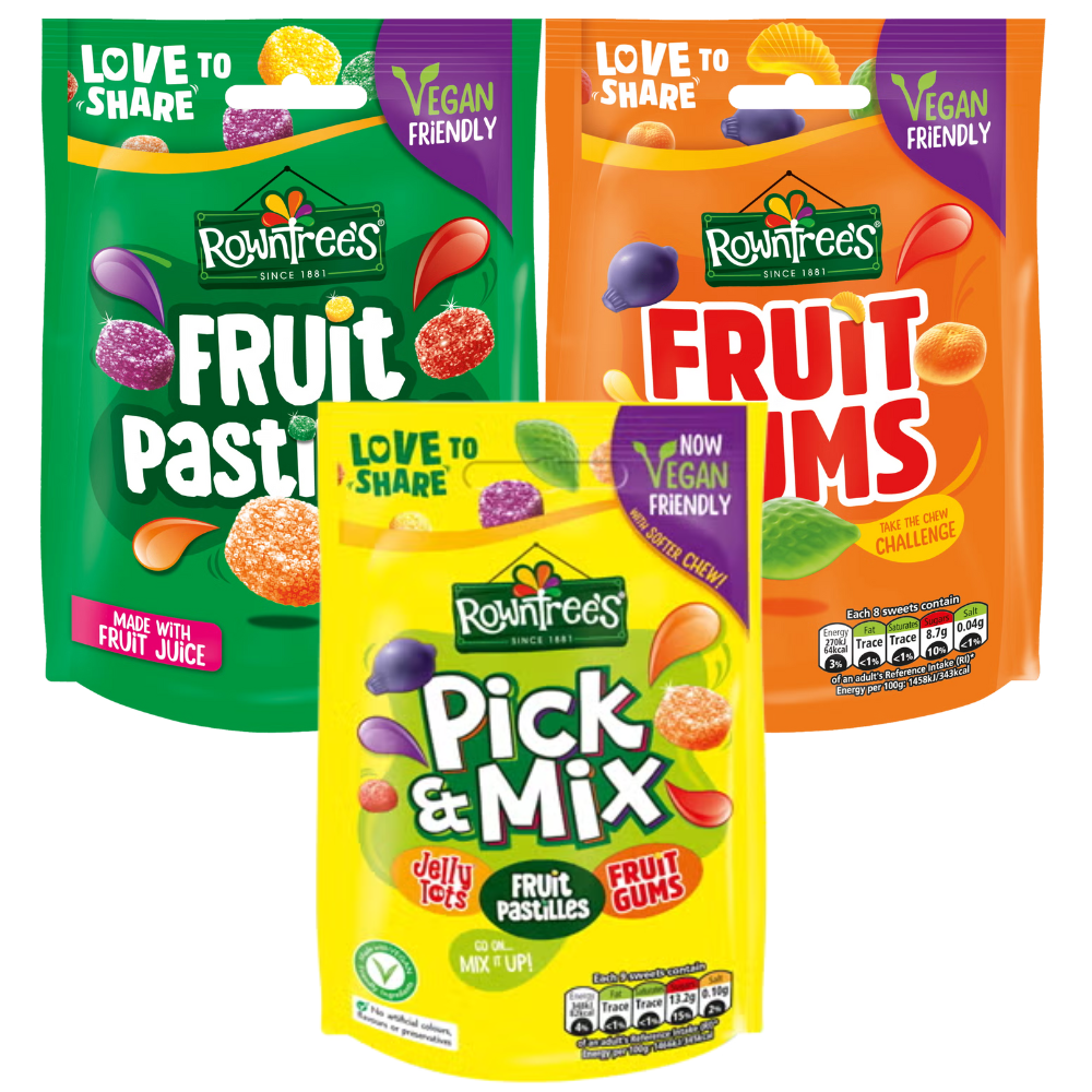 Rowntrees Mini Fruit Bundles Fruit Pastilles 143g, Fruit Gums 150g and Pick & Mix Pouches 150g Pouch of 3