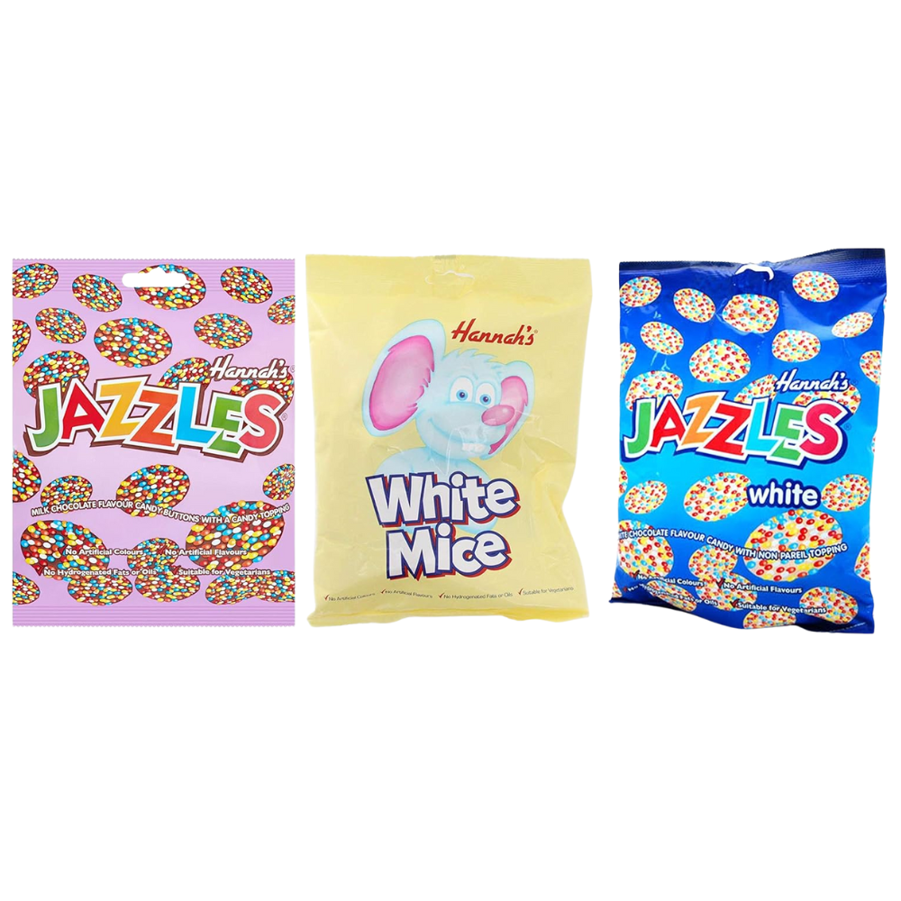 Jazzles & Chocolate White Mice Party Bundle 3 x Large 140g Bags of Hannah's Candy Sweets from Kingdom Supplies Milk & White Choc
