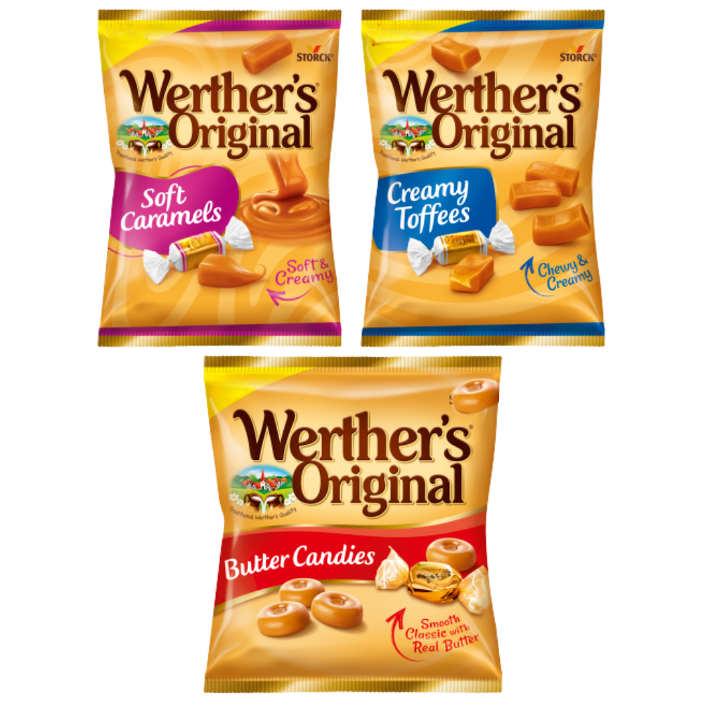 Werther's Original Assorted Caramel & Toffee Sweets – Soft Caramels, Butter Candies, Creamy Toffees – (Pack of 3