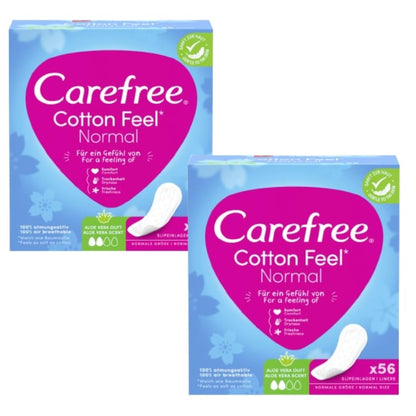 Carefree Cotton Feels Comfort, Dryness, Freshness Soft & Cotton Normal Size Fresh Scent Pantyliners 56 Pieces (Pack of 2)