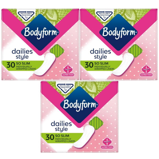 Bodyform So Slim Liners - Individually Wrapped, Lightly Scented, Extra-Breathable - CurveFit Technology, Slim for Snug Fit - Flexible and Absorbent Thin Pads for Women - Pack of 30 (90 Liners)