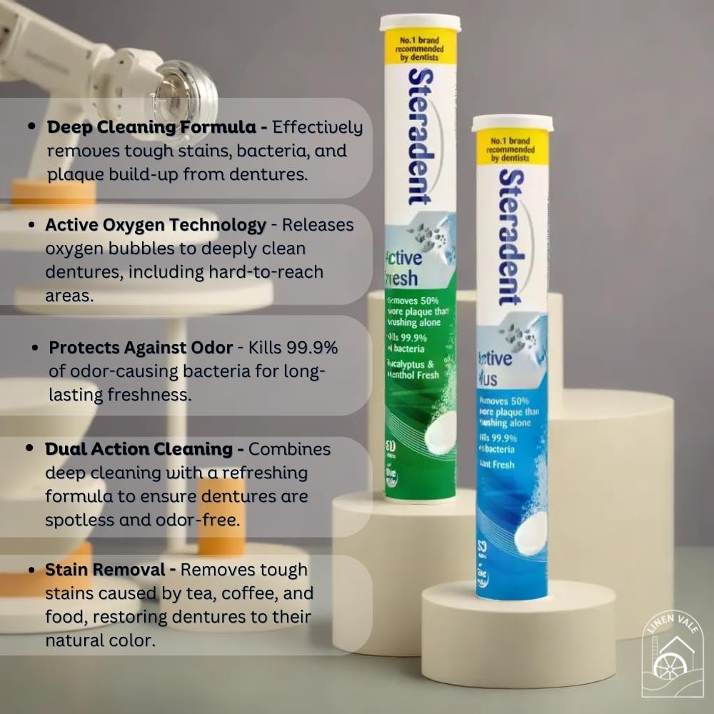 Steradant Oral Hygiene | Cleaning and Whitening Toothpaste Denture Tablets for Adults | Active Menthol Fresh & Active Mint Plus