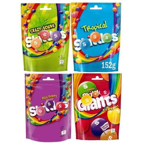 Assorted Sweet Skittles Fruit Flavoured Sharing Pouch - Skittles Wild Berry & Tropical, Fruits Giants & Crazy Sours (4 Packs)