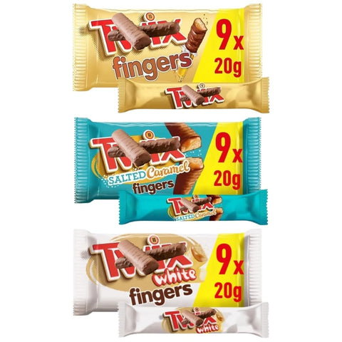 Fingers Biscuit Bars Multipack, Salted Caramel, White Chocolate, and Chocolate 9 x 20g (Pack of 3)