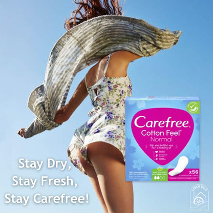 Carefree Cotton Feels Comfort, Dryness, Freshness Soft & Cotton Normal Size Fresh Scent Pantyliners 56 Pieces (Pack of 2)
