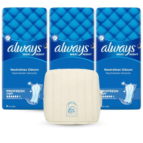 Always Maxi Night Profresh | Ultra Absorbent with Odor Protection for Night Use – 3 Pack Bundle (Total 27 Pads) + Sanitary Bag