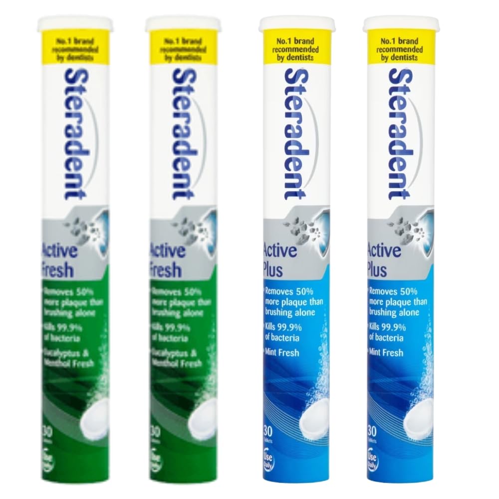 Steradant Oral Hygiene | Cleaning and Whitening Toothpaste Denture Tablets for Adults | Active Menthol Fresh & Active Mint Plus