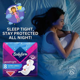 Bodyform Ultra Goodnight Pads with Wings, Super Heavy Flow Night Use, 32 Pads (4×8), Cour-V Ultra Night, Quick Absorb, Odor Neutralizing, Leakproof + Sanitary Bag