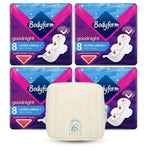 Bodyform Ultra Goodnight Pads with Wings, Super Heavy Flow Night Use, 32 Pads (4×8), Cour-V Ultra Night, Quick Absorb, Odor Neutralizing, Leakproof + Sanitary Bag
