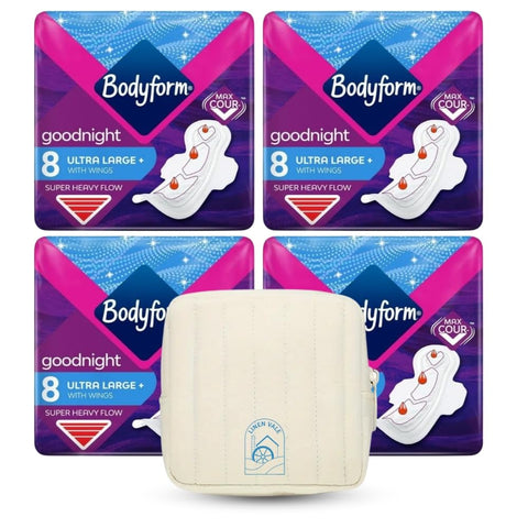 Bodyform Ultra Goodnight Pads with Wings, Super Heavy Flow Night Use, 32 Pads (4×8), Cour-V Ultra Night, Quick Absorb, Odor Neutralizing, Leakproof + Sanitary Bag