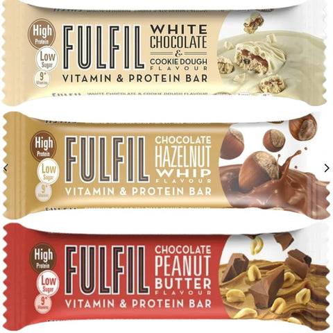 Fulfil Chocolate Bundle Bars | White Chocolate Cookie Dough, Chocolate Hazelnut Whip, Chocolate Peanut Butter Vitamin & Protein Bars Total of 3 Packs, 55g