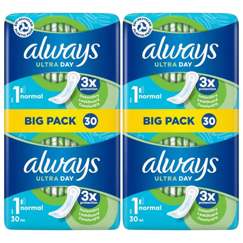 Always Ultra Day Sanitary Pads – Normal Size 1 – 3X Protection with InstantDry, LeakGuard & OdourLock – Big Pack of 30 Pads