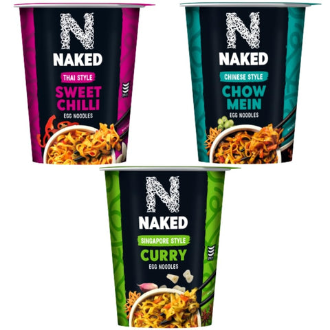 Linenvale Naked Bundle Egg Noodles - Thai Style Sweet Chilli, Chinese Style Chow Mein & Singapore Curry Noodles Pack of 3x75g