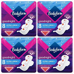 Bodyform Ultra Goodnight Pads with Wings, Super Heavy Flow Night Use, 32 Pads (4×8), Cour-V Ultra Night, Quick Absorb, Odor Neutralizing, Leakproof + Sanitary Bag