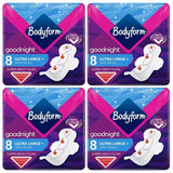 Bodyform Ultra Goodnight Pads with Wings, Super Heavy Flow Night Use, 32 Pads (4×8), Cour-V Ultra Night, Quick Absorb, Odor Neutralizing, Leakproof + Sanitary Bag