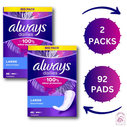 Always Dailies Large Pantyliners, 2 Packs of 46, 92 in Total, Up to 100% Odor Control, Daily Freshness, Feminine Hygiene Protection, Enhanced Absorbency, Comfort Inlay, Stay Fresh Throughout The Day