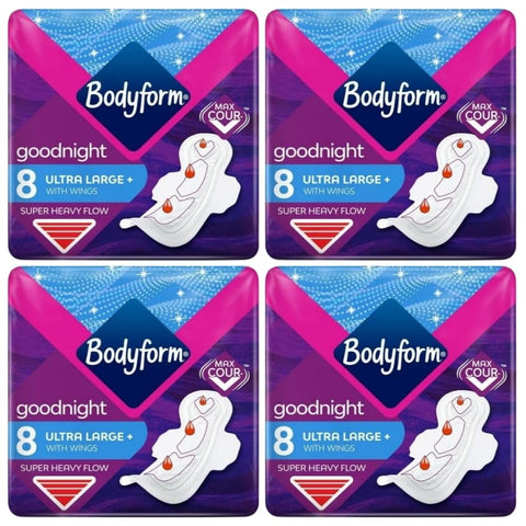 Bodyform Ultra Goodnight Pads with Wings | Sanitary Towels for Super Heavy Flow | Ultra Large+ Night Protection – Pack of 4