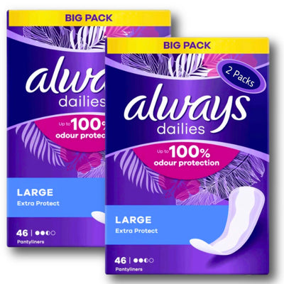 Always Dailies Large Pantyliners, 2 Packs of 46, 92 in Total, Up to 100% Odor Control, Daily Freshness, Feminine Hygiene