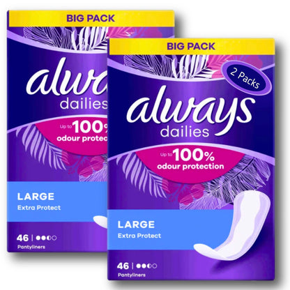 Always Dailies Large Pantyliners, 2 Packs of 46, 92 in Total, Up to 100% Odor Control, Daily Freshness, Feminine Hygiene Protection, Enhanced Absorbency, Comfort Inlay, Stay Fresh Throughout The Day