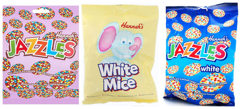 Jazzles & Chocolate White Mice Party Bundle 3 x Large 140g Bags of Hannah's Candy Sweets from Kingdom Supplies Milk & White Choc