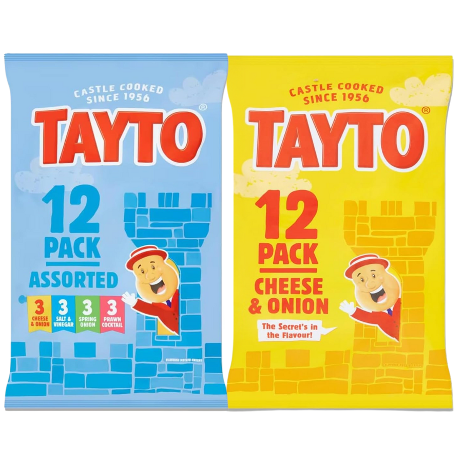 Tayto Assorted Crisp Snacks & Cheese & Onion – 12 x 25g (Pack of 2)