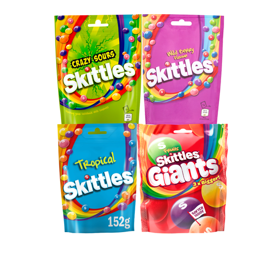 [new]Assorted Sweet Skittles Fruit Flavoured Sharing Pouch - Skittles Wild Berry & Tropical, Fruits Giants & Crazy Sours (4 Packs)