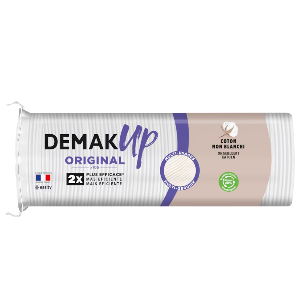 Demak Up Cotton Pads – 5 Packs of 105 Rounds – Gentle, Dual-Sided Makeup Removal Pads with Ribbed and Smooth Surfaces