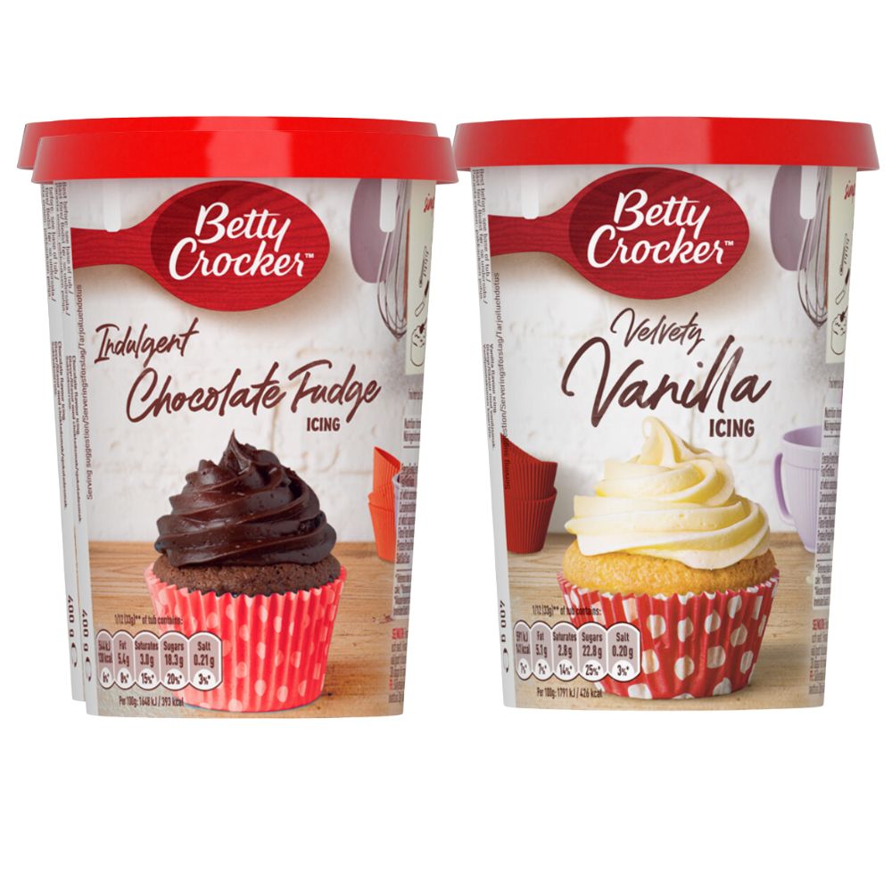 Betty Crockers Cake Frosting Decoration Chocolate Fudge & Vanilla Whipped Cream Icing 400g (Pack of 2)