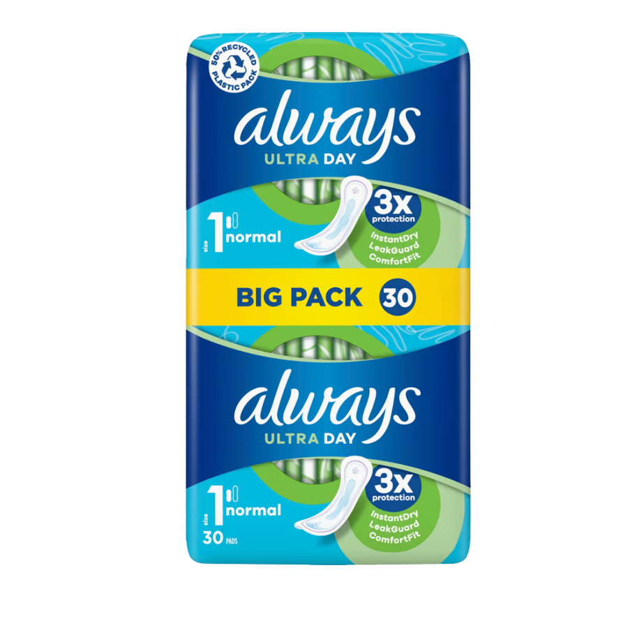 Always Ultra Day Sanitary Pads – Normal Size 1 – 3X Protection with InstantDry, LeakGuard & OdourLock – Big Pack of 30