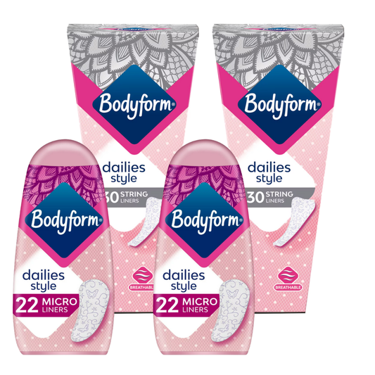 [new] Bodyform String Thong Panty Liners for Women - 30 Dailies Style x2 Packs (60 Total) - Bundled With Micro Liners 22 x2 Packs (44 Total)