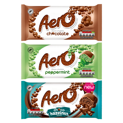 Aero Chocolate Bars - Chocolate, Delightful Peppermint, Choco Hazelnut - Pack of 3, 90g