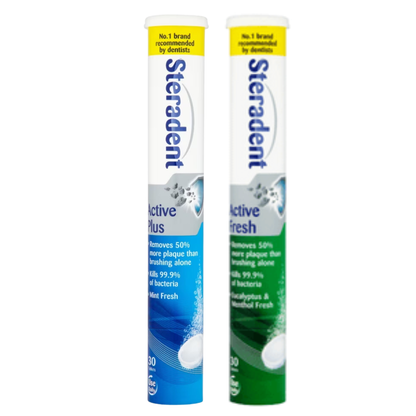 Steradant Oral Hygiene | Cleaning and Whitening Toothpaste Denture Tablets for Adults | Active Menthol Fresh & Active Mint Plus