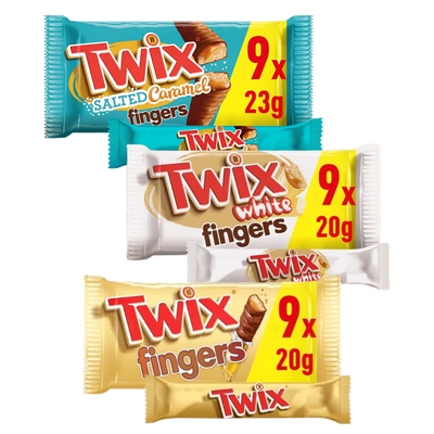 Twix Fingers Biscuit Bars Multipack, Salted Caramel, White Chocolate, and Chocolate 9 x 20g (Pack of 3)