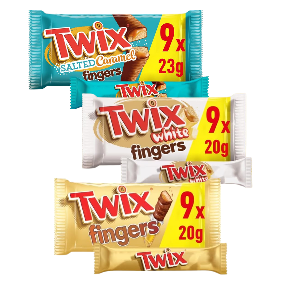 Twix Fingers Biscuit Bars Multipack, Salted Caramel, White Chocolate, and Chocolate 9 x 20g (Pack of 3)