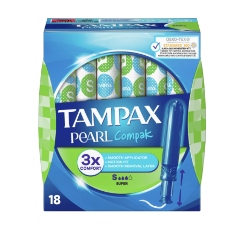 Tampax Compact Pearl-Style Super Tampons with Applicator – 18 Count per Box, Pack of 2 (36 Total)