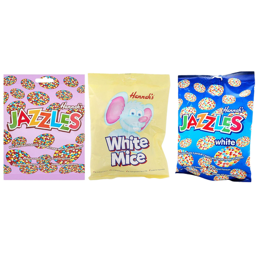 [new]Jazzles & Chocolate White Mice Party Bundle 3 x Large 140g Bags of Hannah's Candy Sweets from Kingdom Supplies Milk & White Choc
